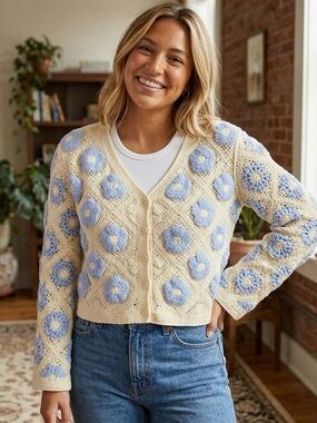 AZ Blue Floral Crochet Knit Cardigan Sweater NIB Size Medium